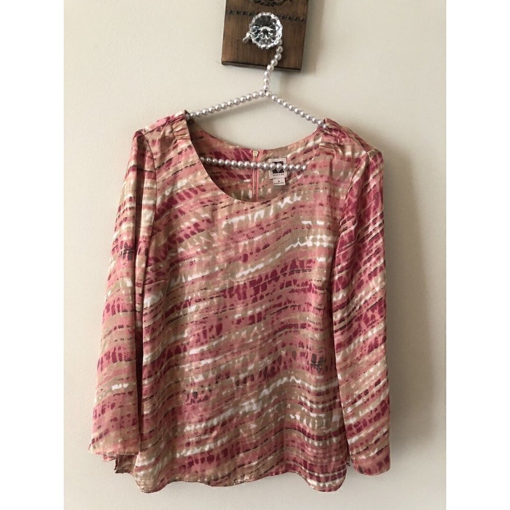 Anne Klein Womens Size Small Pink Tan Blouse Back Zip
